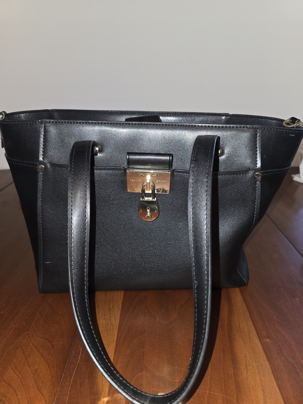 Calvin Klein Black Leather Tote Bag with Gold Lock - Picture 12 of 13